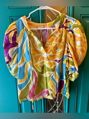 Christian Siriano Linen Blend Abstract Tropical Puff Sleeve Blouse Sz S Boho